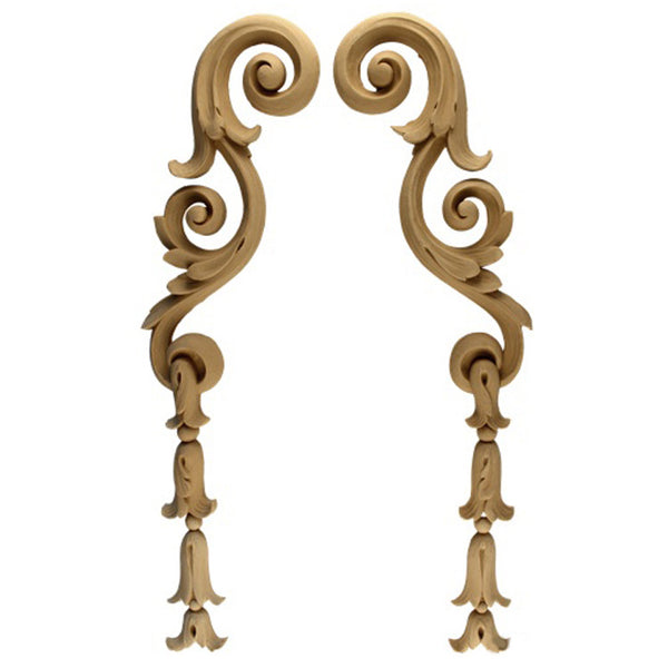 Decorative 3-1/2"(W) x 19-1/4"(H) x 5/8"(Relief) - Bell Flower Drop Applique (PAIR) - [Compo Material] - Brockwell Incorporated