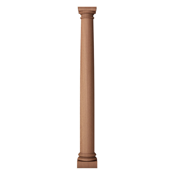 a round tapered solid wood fireplace column that is smooth and made from 7 distinct wood species