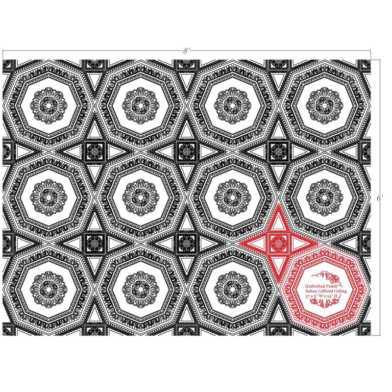 italian coffered plaster ceiling panel complete drawing profile with red outline