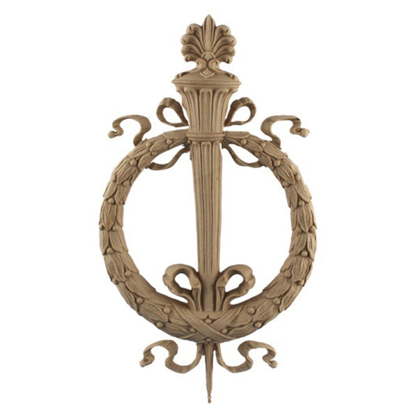 Resin Furniture Appliques - 7-1/4"(W) x 13"(H) x 5/8"(Relief) - Wreath w/ Torch Applique - [Compo Material]