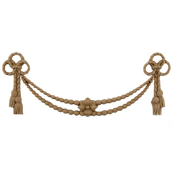 Interior Stain-Grade 8"(W) x 3-1/4"(H) - Bead Swag w/ Rope Drops & Tassels - [Compo Material] - Decorative Ornament