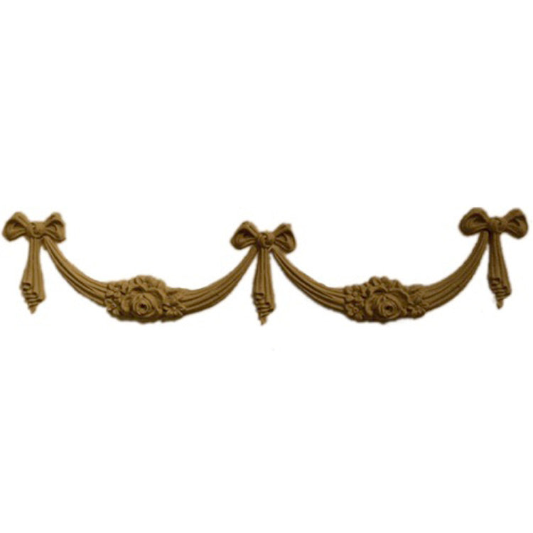 Interior Stain-Grade 9-1/4"(W) x 1-7/8"(H) - Ribbon Swag w/ Floral Accent - [Compo Material] - Decorative Ornament