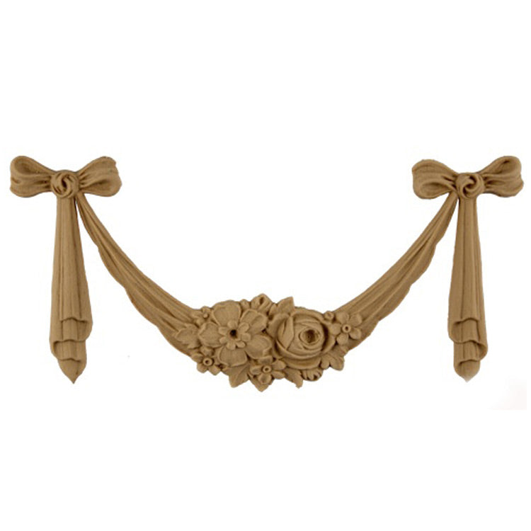 Interior Stain-Grade 5"(W) x 2-1/8"(H) - Bow & Swag w/ Floral Center & Bow Drops - [Compo Material] - Decorative Ornament