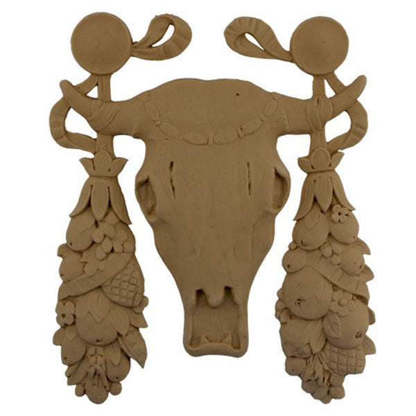 Interior Stain-Grade 8-1/4"(W) x 10-1/2"(H) x 3/8"(Relief) - Swag - Steer Skull Applique - [Compo Material] - Decorative Ornament