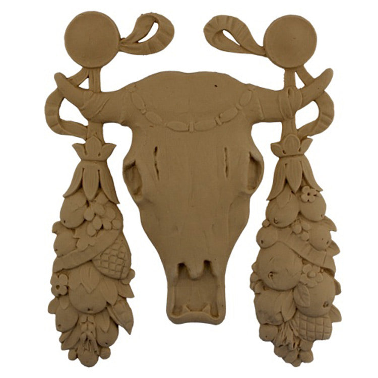 Interior Stain-Grade 8-1/4"(W) x 10-1/2"(H) x 3/8"(Relief) - Swag - Steer Skull Applique - [Compo Material] - Decorative Ornament
