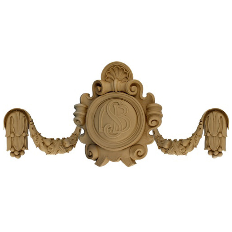 Interior Stain-Grade 43"(W) x 18-3/4"(H) x 2"(Relief) - Spanish Emblem Swag Applique - [Compo Material] - Decorative Ornament