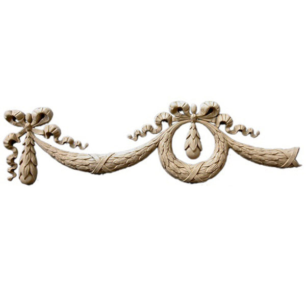 Interior Stain-Grade 38"(W) x 8-1/2"(H) x 9/16"(Relief) - Louis XVI Swag w/ Wreath Accent - [Compo Material] - Decorative Ornament