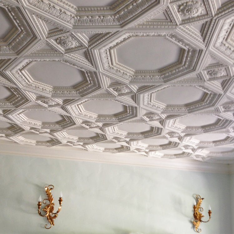 48" Square (Width) x 1-3/4"(Relief) - Italian Coffered w/ Ornamented Tail Panel - [Plaster Material]-CEILINGS-Brockwell Incorporated