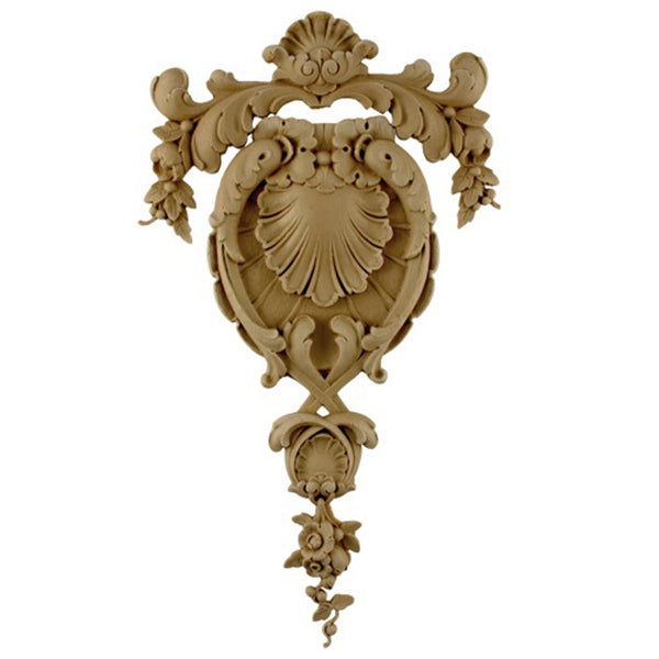 Decorative 3-3/4"(W) x 8-3/4"(H) x 3/8"(Relief) - Shell & Flower Drop Applique - [Compo Material] - Brockwell Incorporated